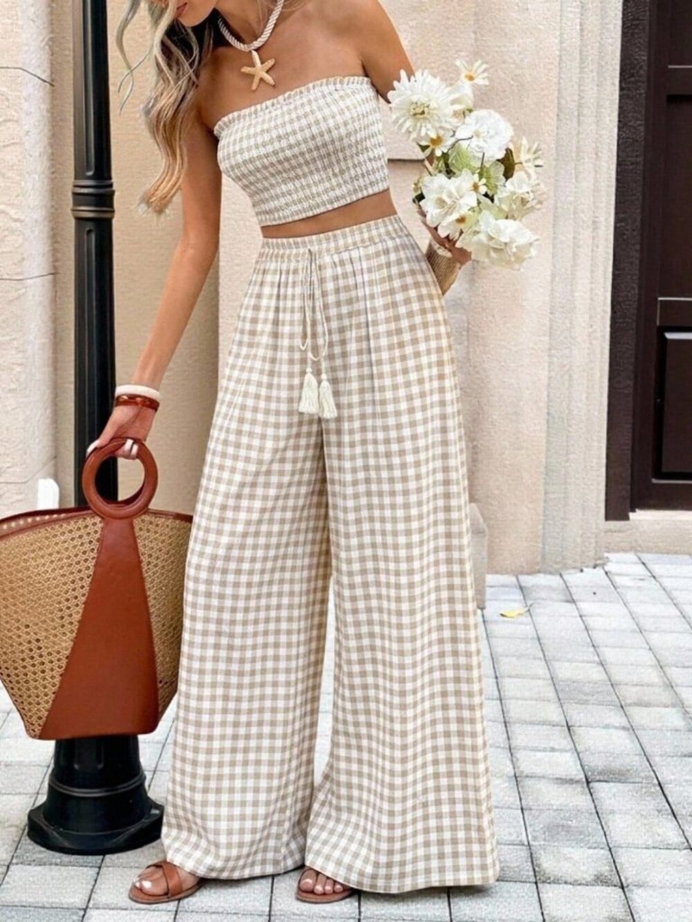Apricot Boho Women's Vacation Plaid Bandeau Top and Pants Set - Picture 8 of 8